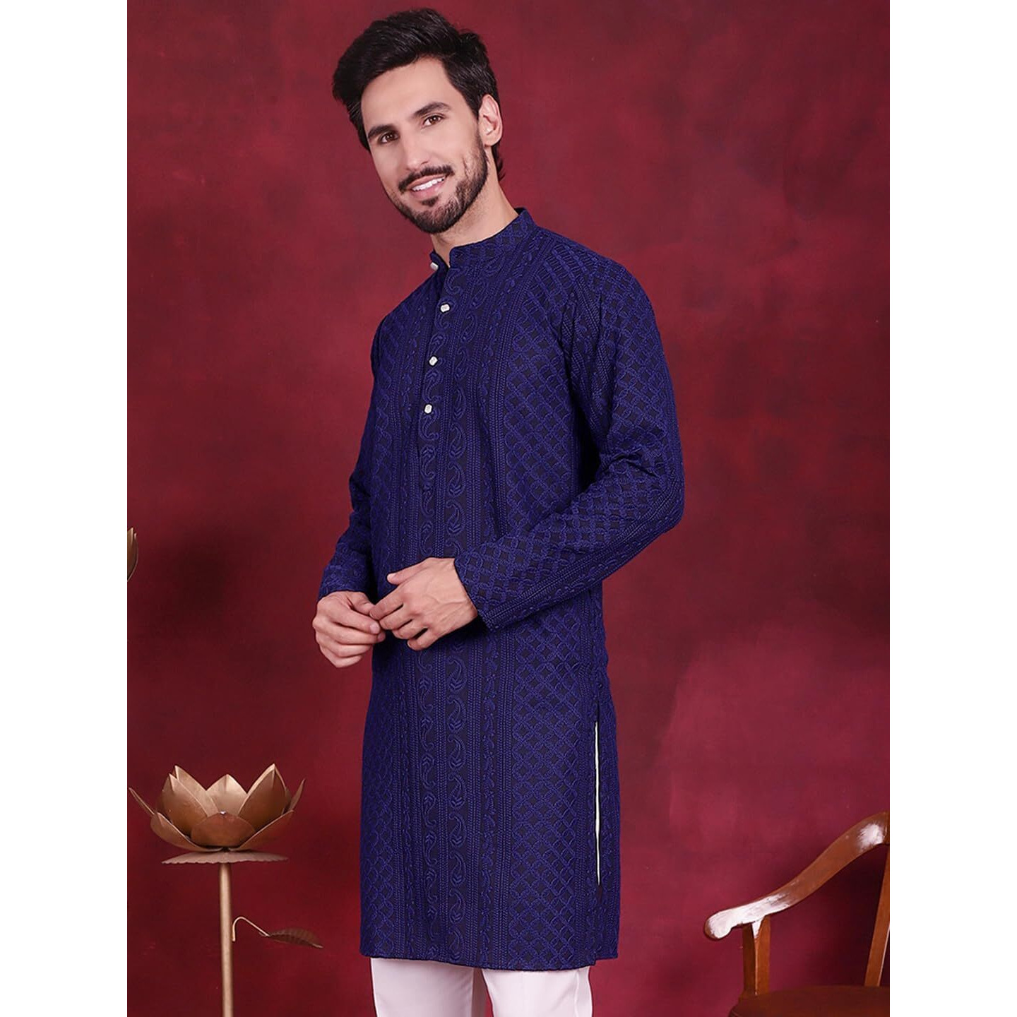 Jompers Men Chikankari Embroidered Kurtas (Navy, Xxl)