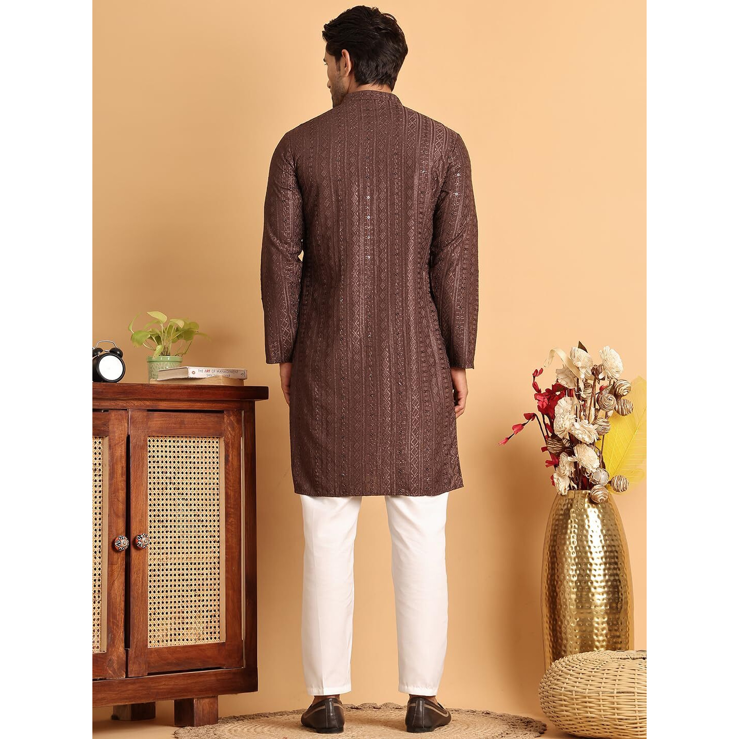 Jompers Coffee Embroidered Straight Kurta Set For Men (Coffee, S)
