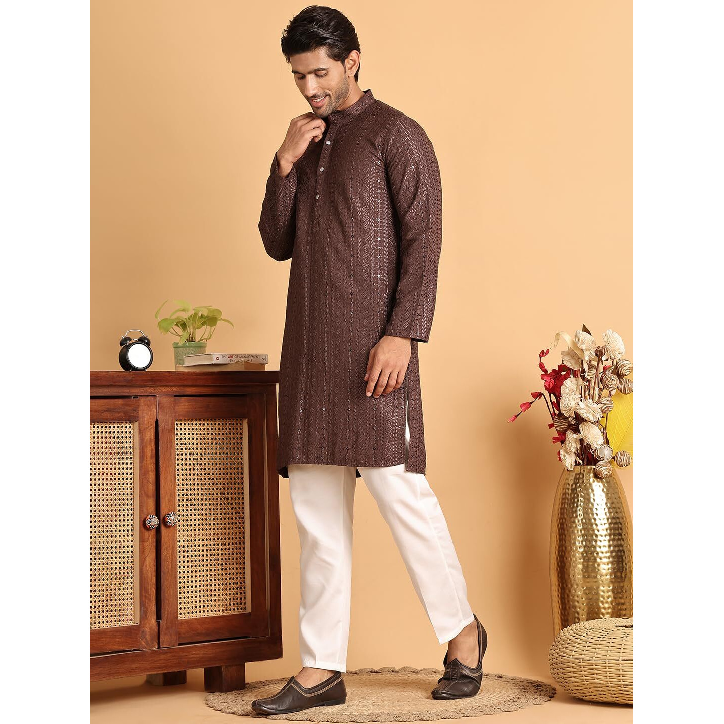 Jompers Coffee Embroidered Straight Kurta Set For Men (Coffee, S)