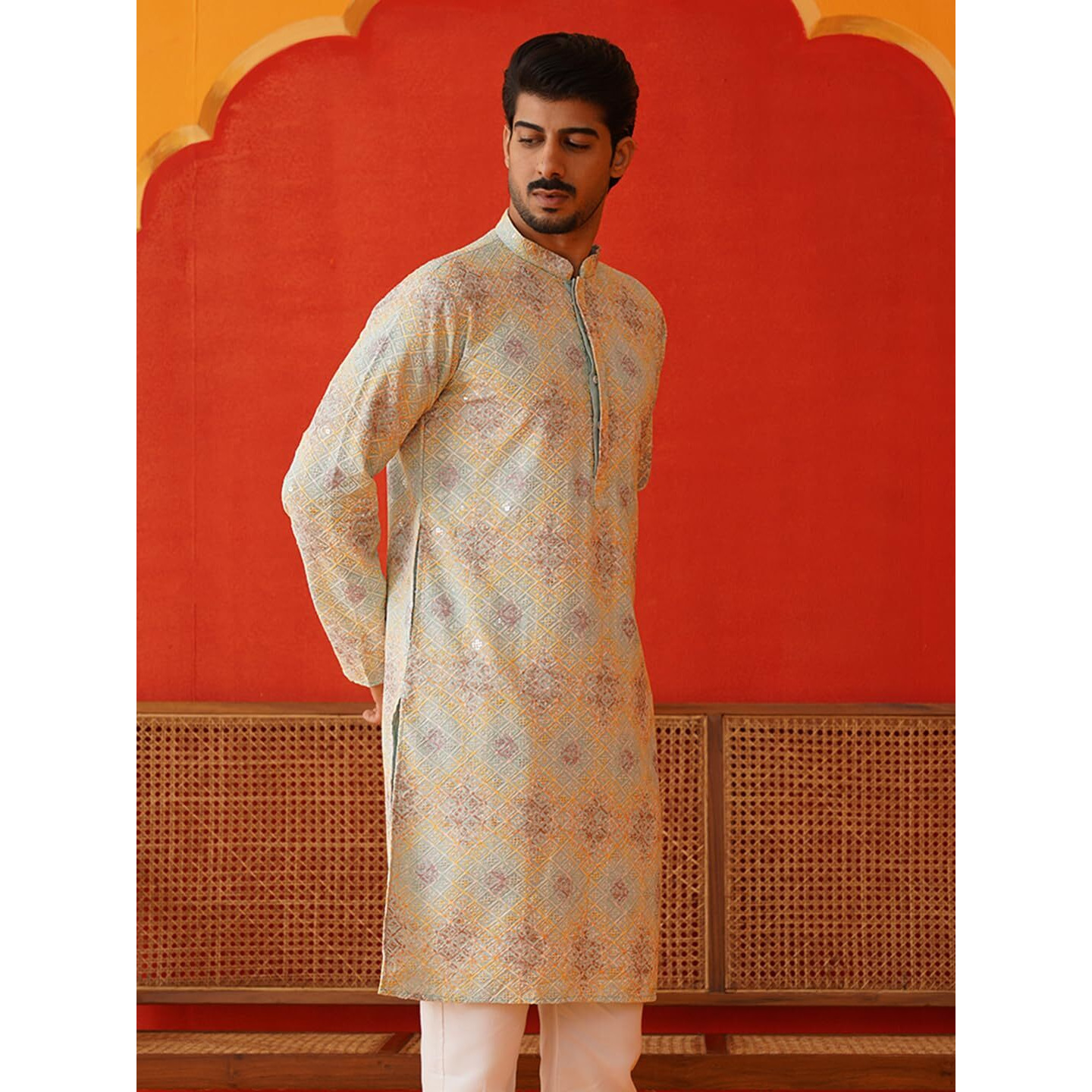 Jompers Sky Embroidered Staight Kurtas For Men (Sky, M)