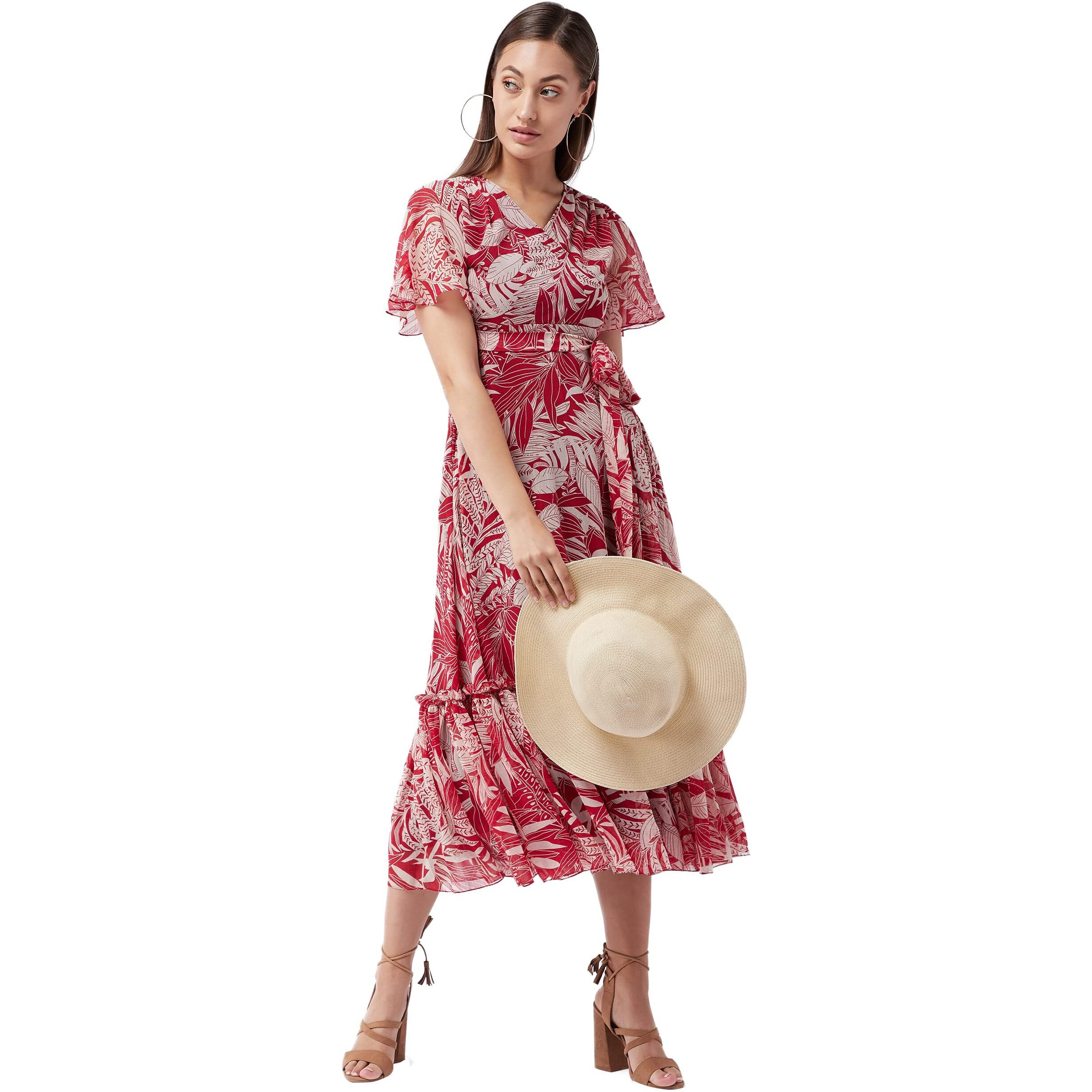 Miss Chase Women's V Neck Flared Sleeve Floral Maxi Dress (Mcss25D93-25-197-02, Multicolored Base Maroon, Xs)