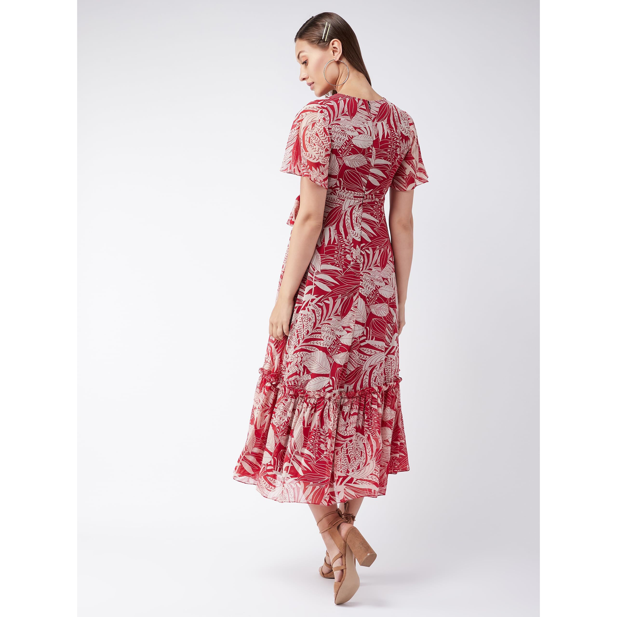 Miss Chase Women's V Neck Flared Sleeve Floral Maxi Dress (Mcss25D93-25-197-02, Multicolored Base Maroon, Xs)