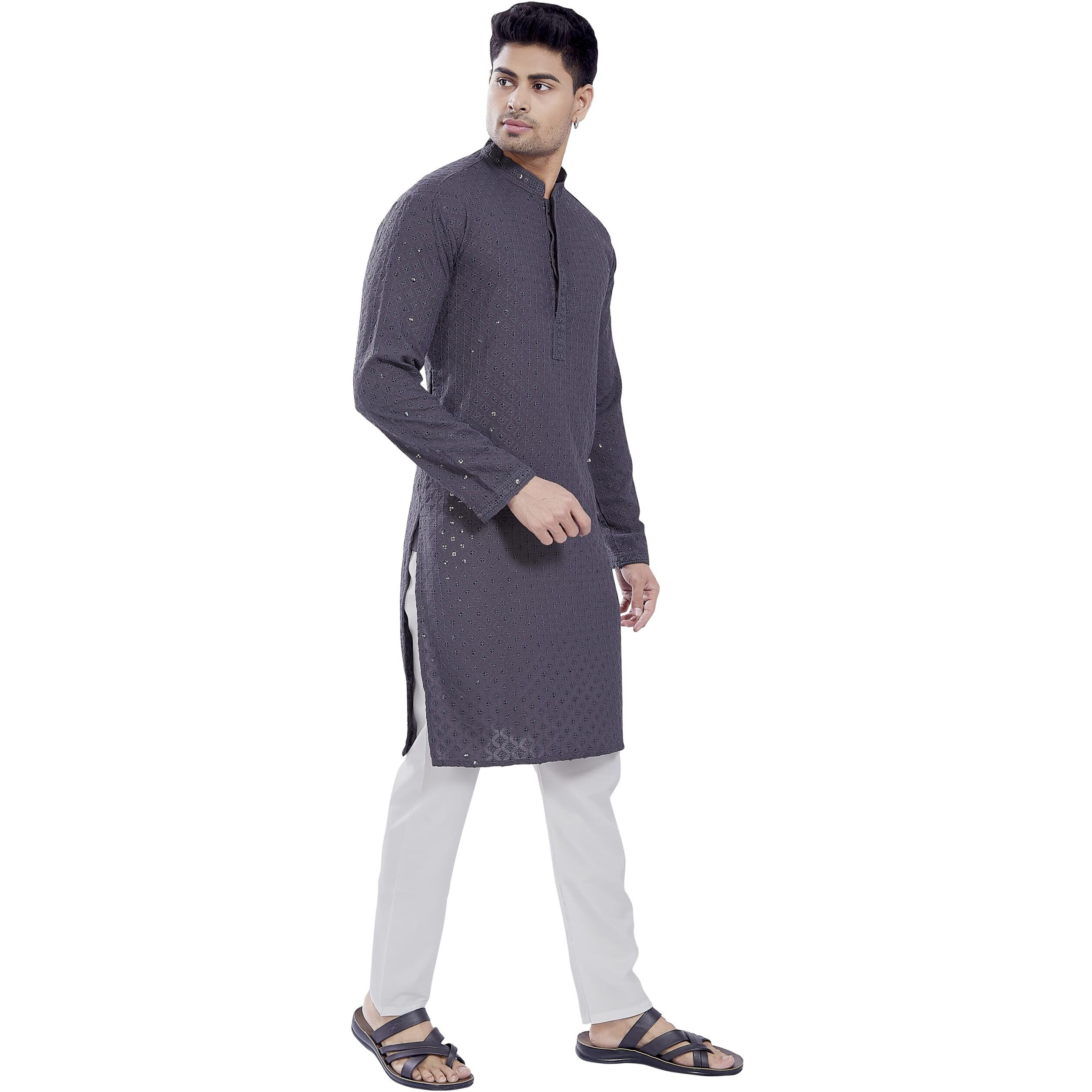 Divisive Men's Sequince Embroidered Cotton Blend Only Slim Fit Kurta (Dkrt677_Xl_Grey)