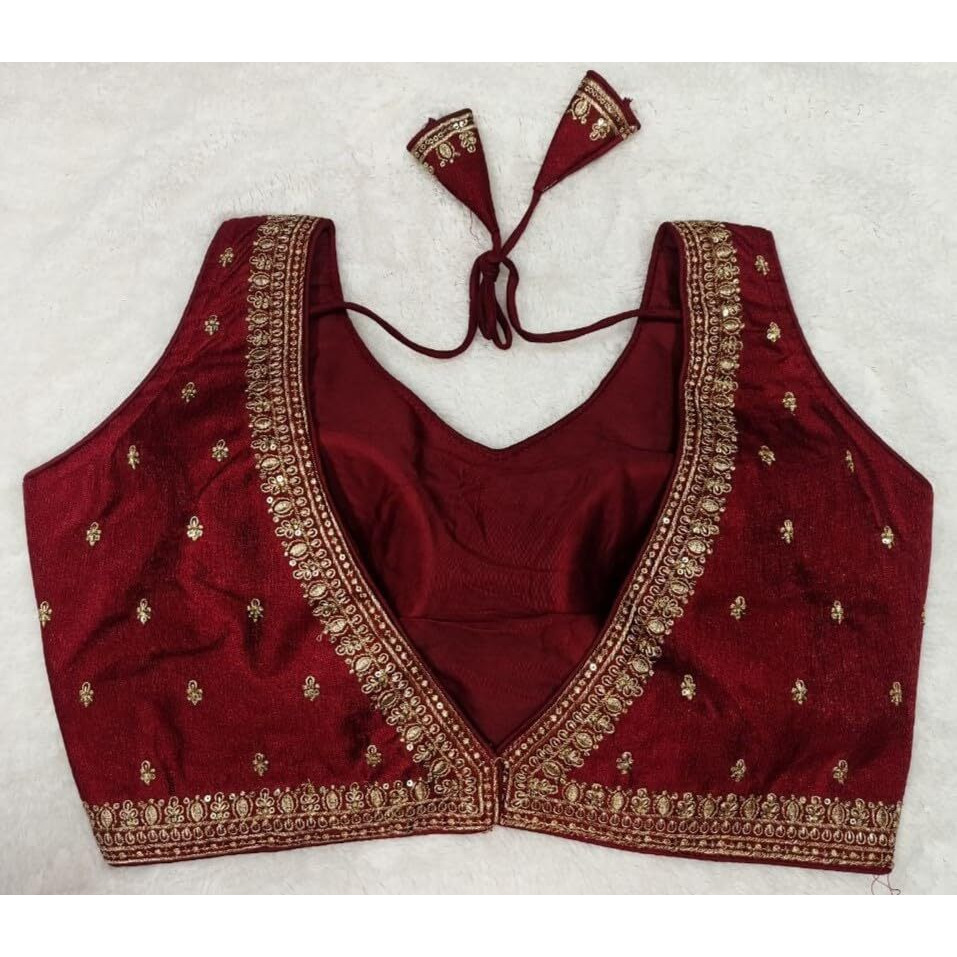 Pujia Mills Women's Indian Ethnic Wear Designer Golden Zari Embroidery With Sequence Work V Neck Sleeveless Readymade Worked Saree Blouse For Party (Maroon, 34)