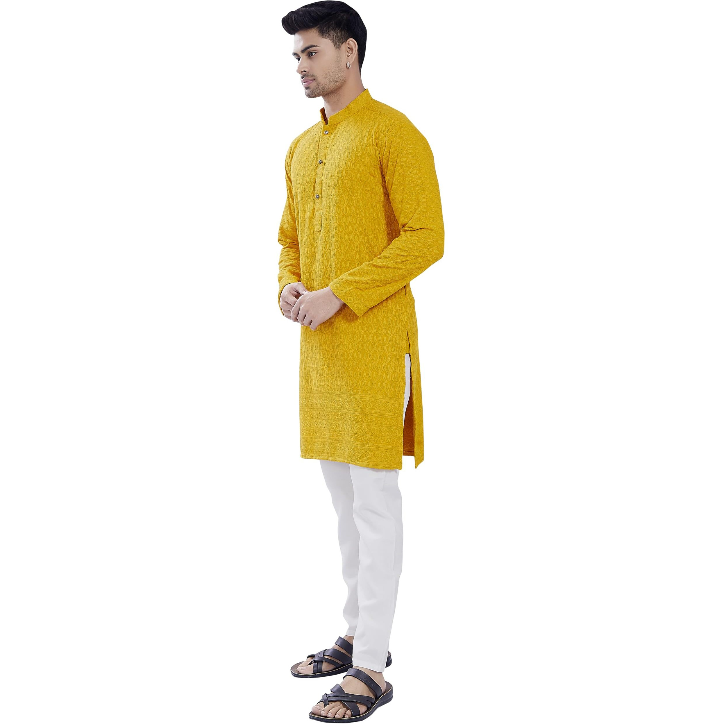 Divisive Men's Thread Embroidered Cotton Blend Only Slim Fit Kurta (Dkrt725_M_Yellow)