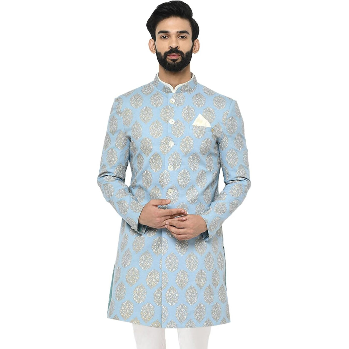 Kisah Sherwani For Men Wedding  Printed Indo Western Sherwani With Churidar | Designer Ethnic Outfit For Groom & Festivals, Blue, 38