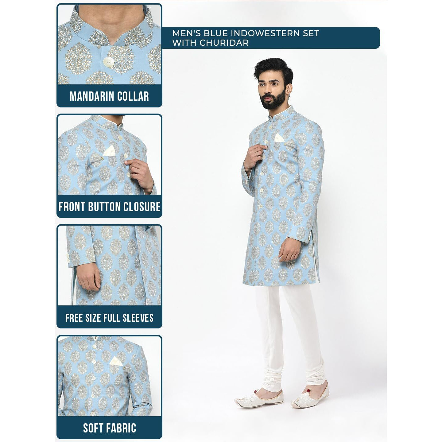 Kisah Sherwani For Men Wedding  Printed Indo Western Sherwani With Churidar | Designer Ethnic Outfit For Groom & Festivals, Blue, 38