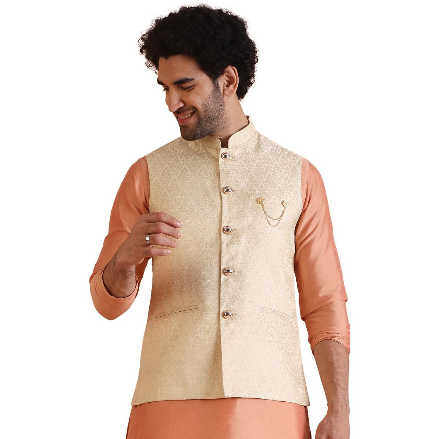 Kisah Men Tan Color Woven Design Nehru Jacket Ethnic Festive Waistcoat Cotton, Regular Fit