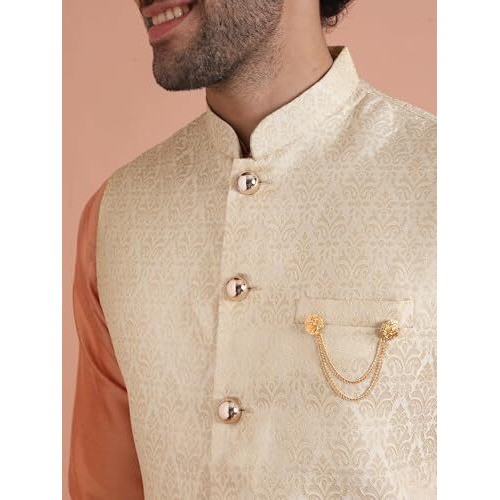 Kisah Men Tan Color Woven Design Nehru Jacket Ethnic Festive Waistcoat Cotton, Regular Fit
