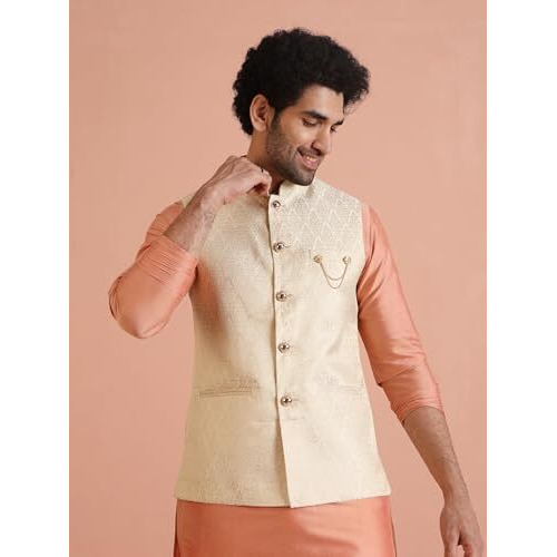 Kisah Men Tan Color Woven Design Nehru Jacket Ethnic Festive Waistcoat Cotton, Regular Fit
