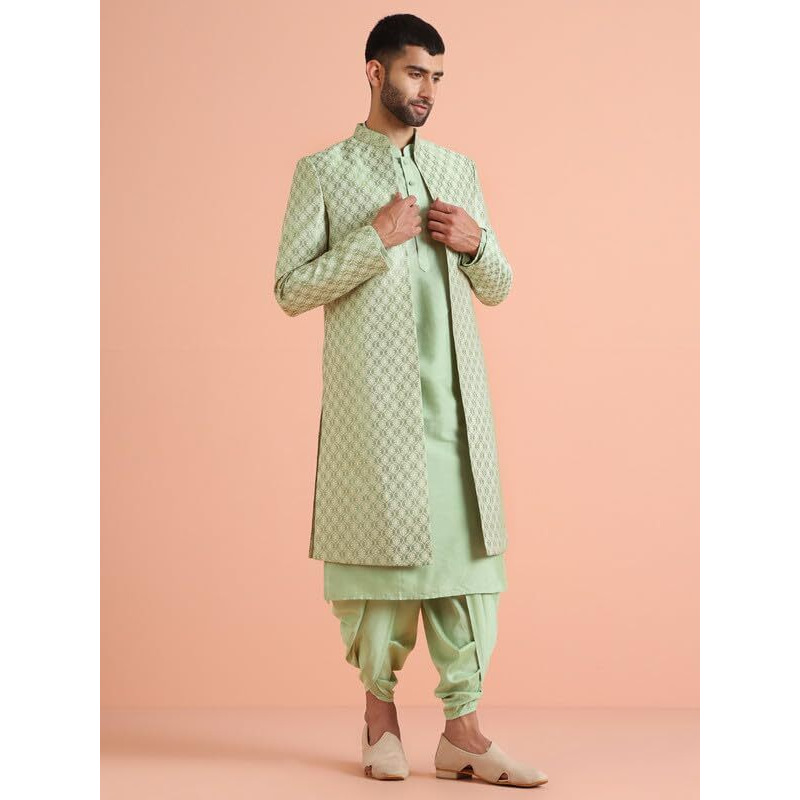 Kisah Men's Indo-Western Kurta Sherwani Dhoti Set, Green Jacquard, Woven Design Regular Fit Mandarin Collar Long Sleeves (38)
