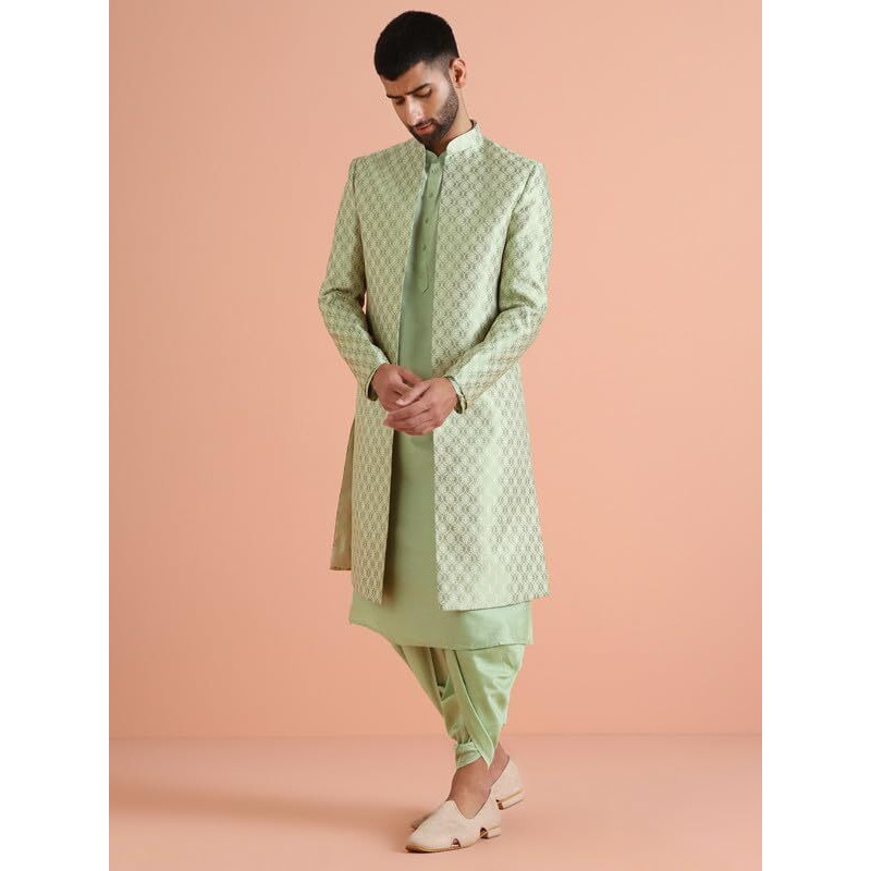 Kisah Men's Indo-Western Kurta Sherwani Dhoti Set, Green Jacquard, Woven Design Regular Fit Mandarin Collar Long Sleeves (38)