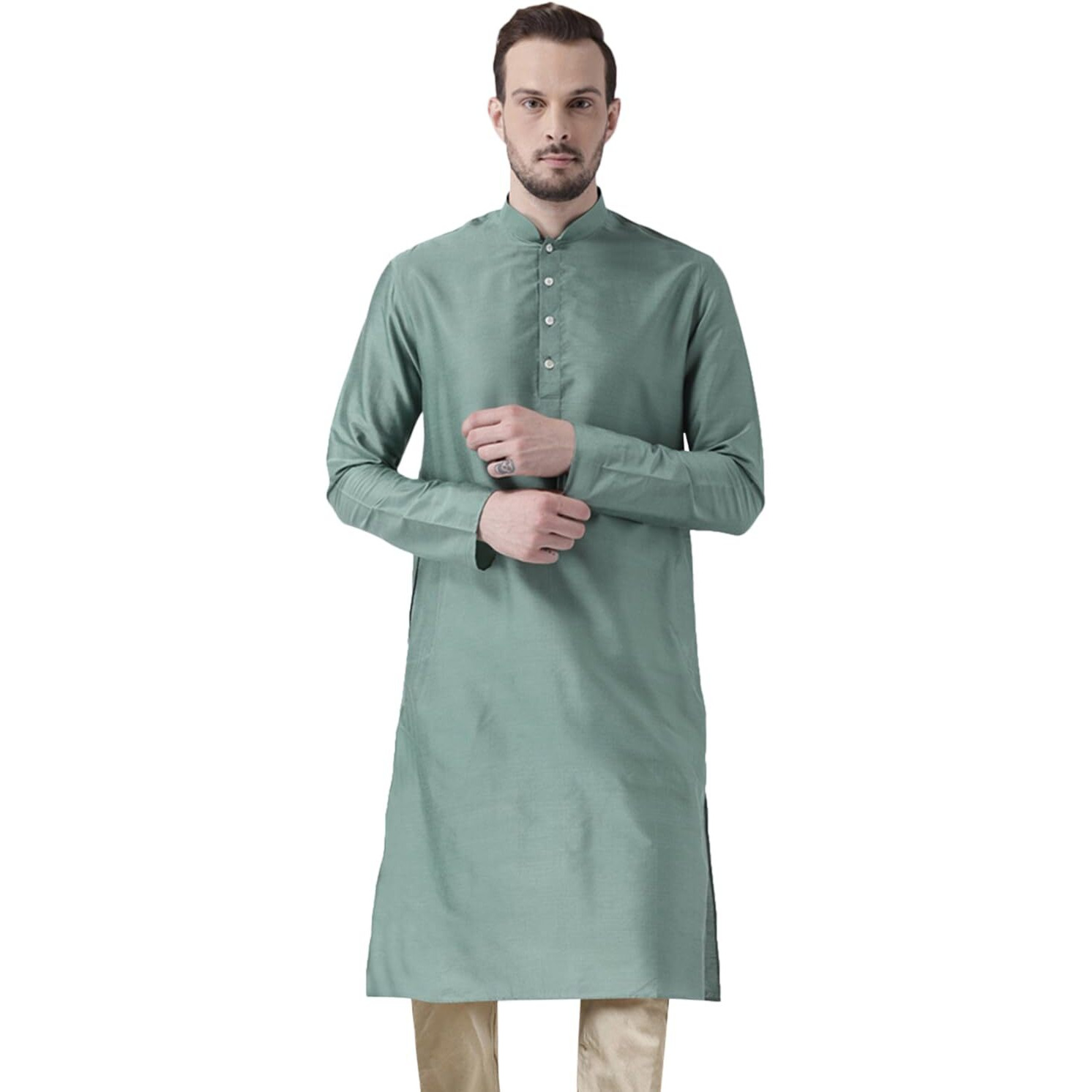 Kisah Men Sea Green Solid Straight Kurta Full Sleaves, Knee Length, Straight, Regular Fit, Mandarin Collar Ethnic Wear