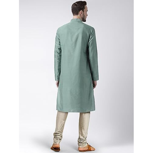 Kisah Men Sea Green Solid Straight Kurta Full Sleaves, Knee Length, Straight, Regular Fit, Mandarin Collar Ethnic Wear