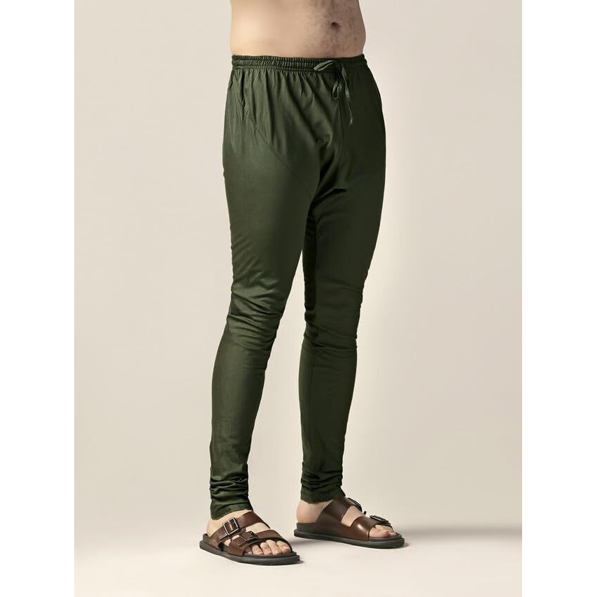 Kisah Mens Churidar, Cotton Blend Solid Pattern Olive Churidar For Men, 44