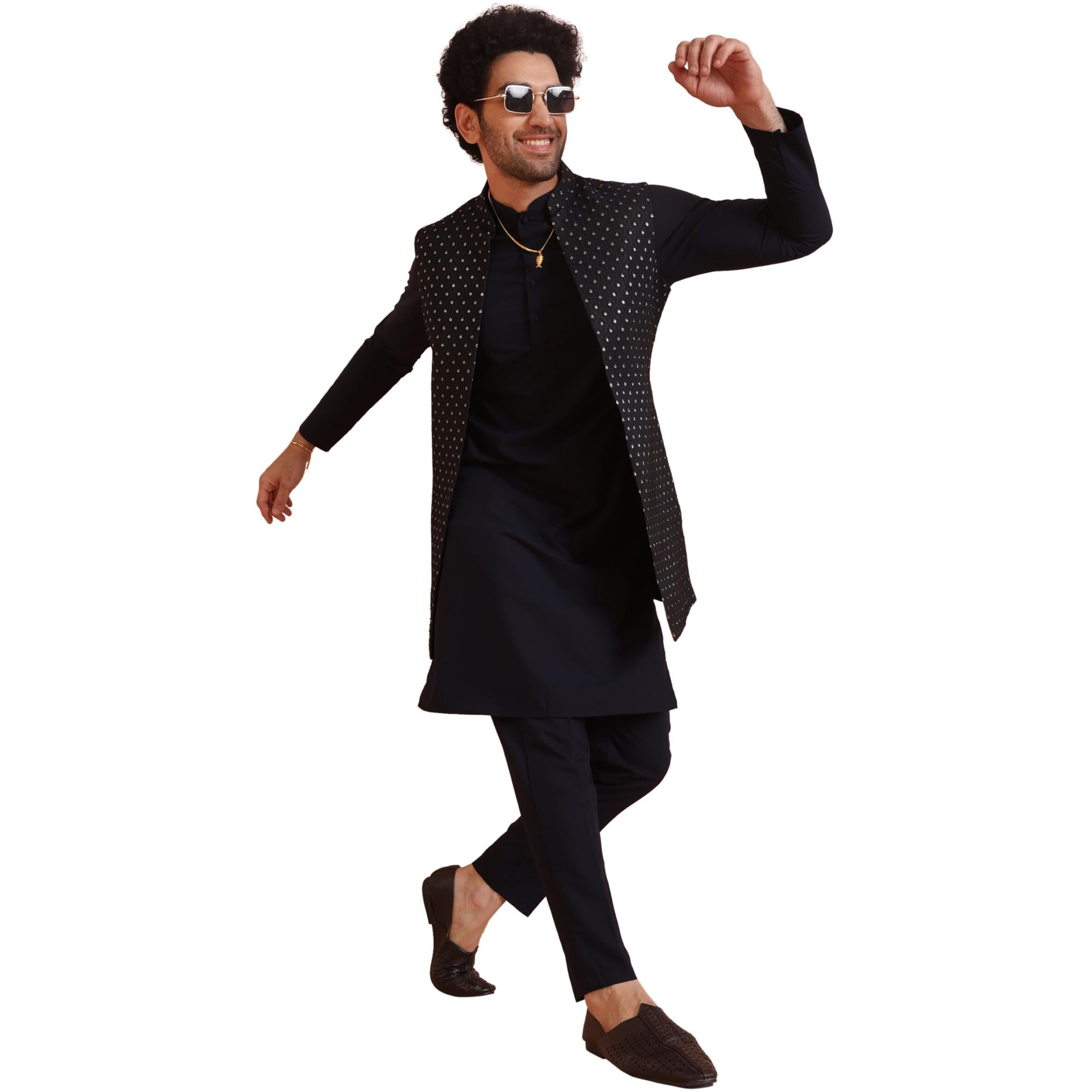 Kisah Men's Kurta Jacket Trouser Set, Navy Blue Cotton Blend, Woven Design Mandarin Collar Regular Fit Long Sleeves (M)