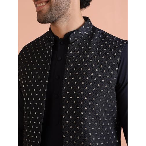 Kisah Men's Kurta Jacket Trouser Set, Navy Blue Cotton Blend, Woven Design Mandarin Collar Regular Fit Long Sleeves (M)