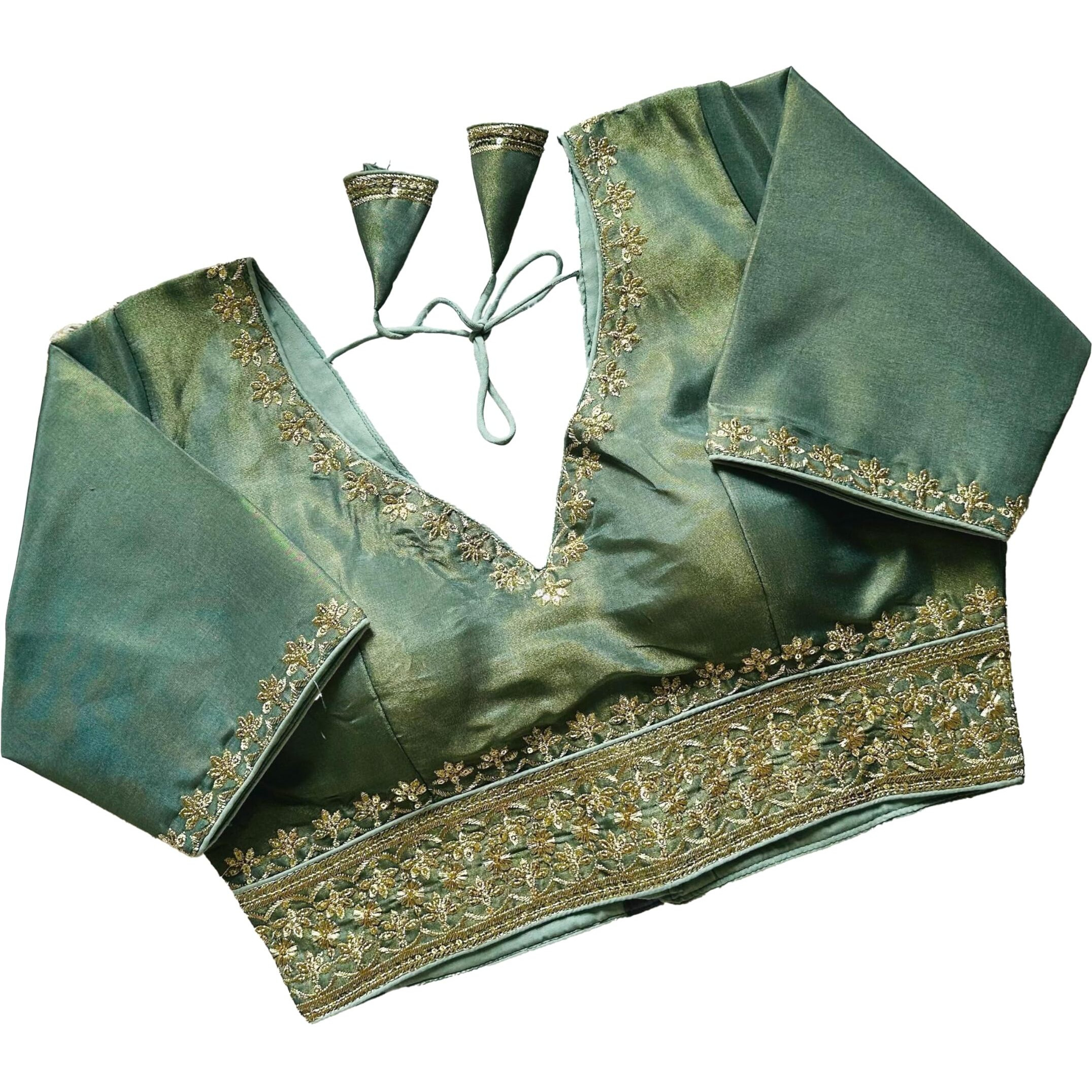 Pujia Mills Women's Silk Jari Embroidery Sequence Work Round Neck Half Sleeve Readymade Blouse