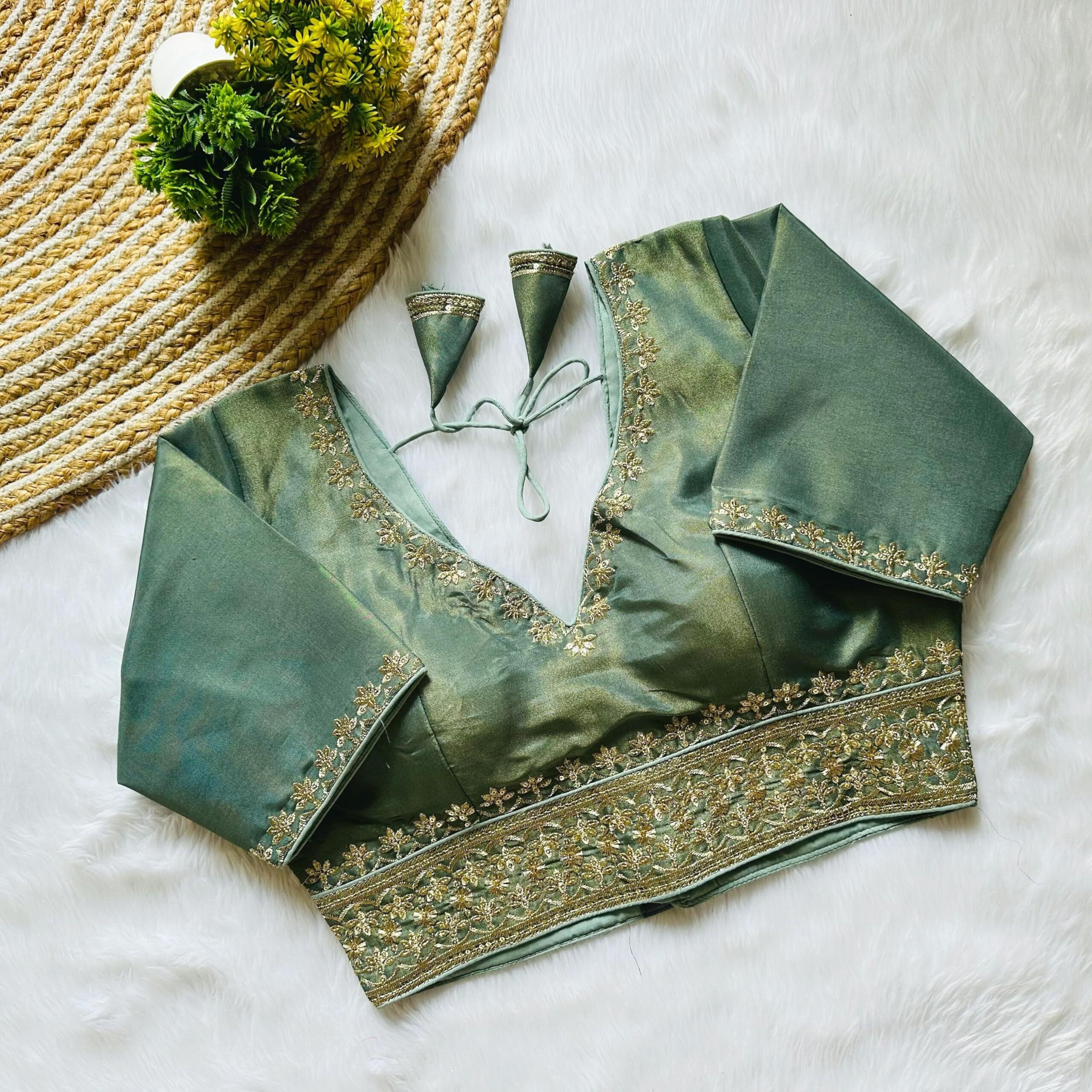 Pujia Mills Women's Silk Jari Embroidery Sequence Work Round Neck Half Sleeve Readymade Blouse