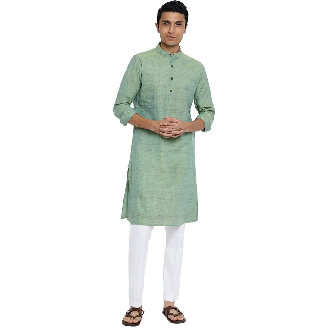 Fabindia Men Cotton Chinese Collar Long Kurta Green_Xs