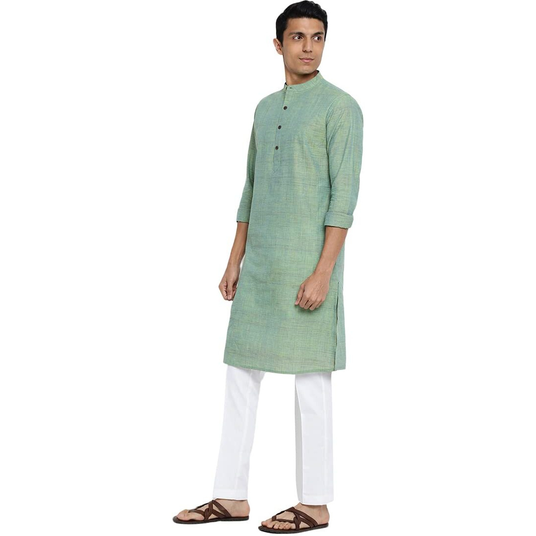 Fabindia Men Cotton Chinese Collar Long Kurta Green_Xs