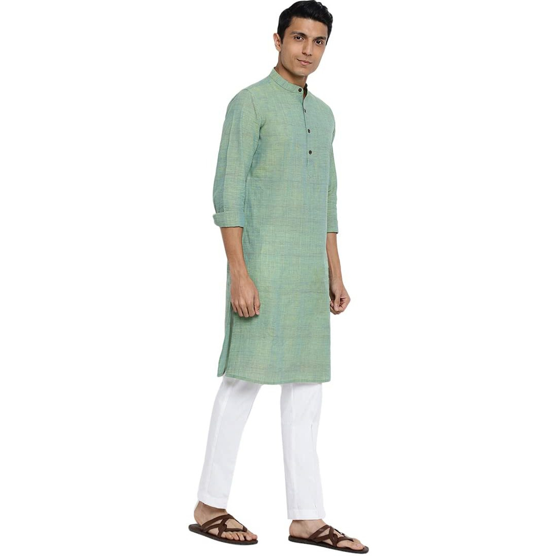 Fabindia Men Cotton Chinese Collar Long Kurta Green_Xs