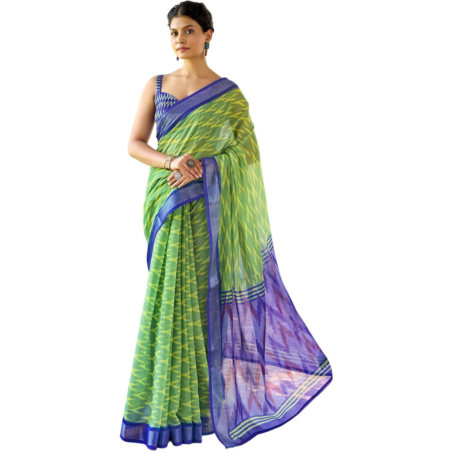Satrani Women's Linen Zari Border Ikkat Printed Saree With Unstitched Blouse Piece (4409S453N_Olive Green & Yellow)