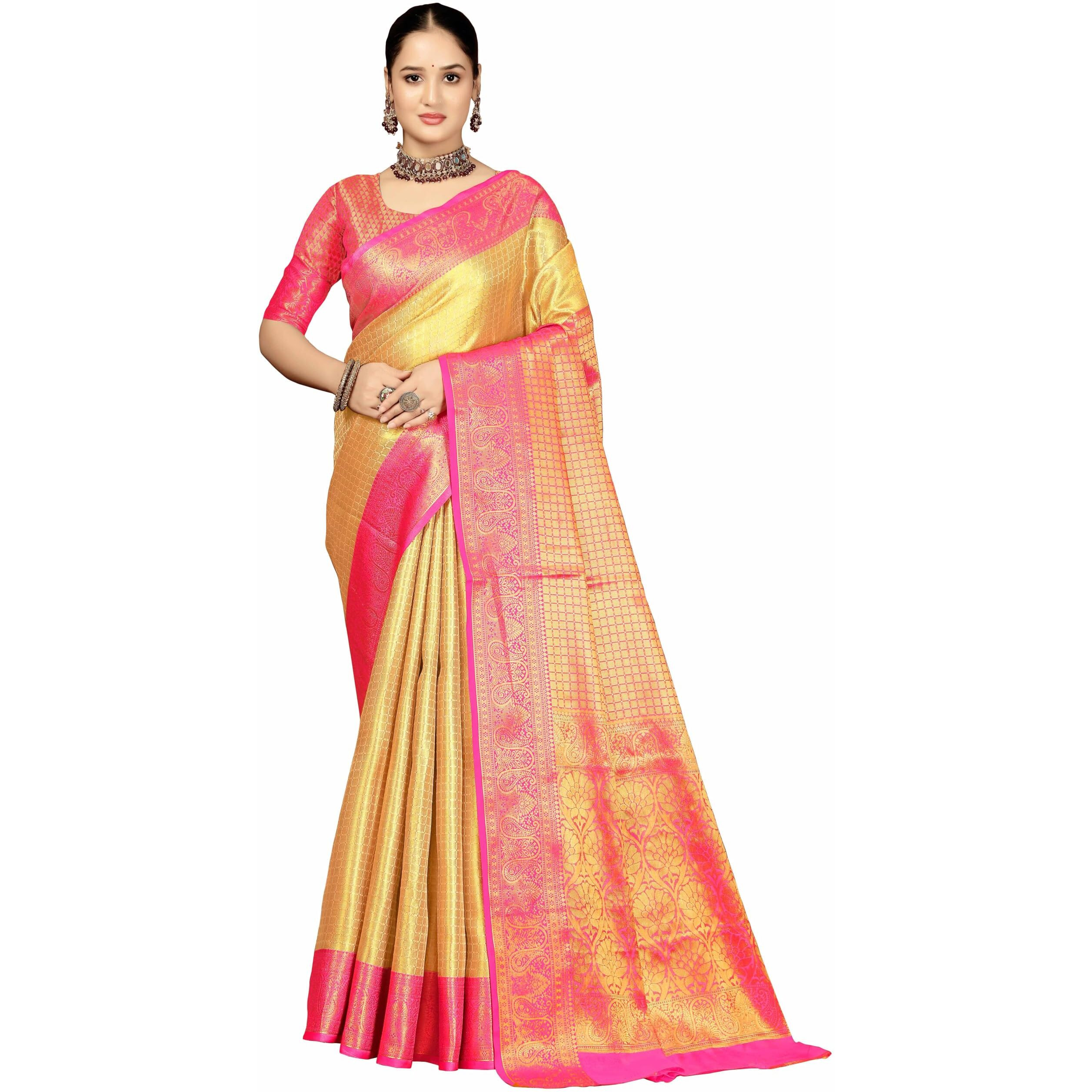 Sugathari Women's Gold And Pink Kanjivaram Banarasi Silk Saree For Patola Festival Wedding Silk With Rich Pallu Design Sarees For Women With Blouse Piece (Gold Star 6)