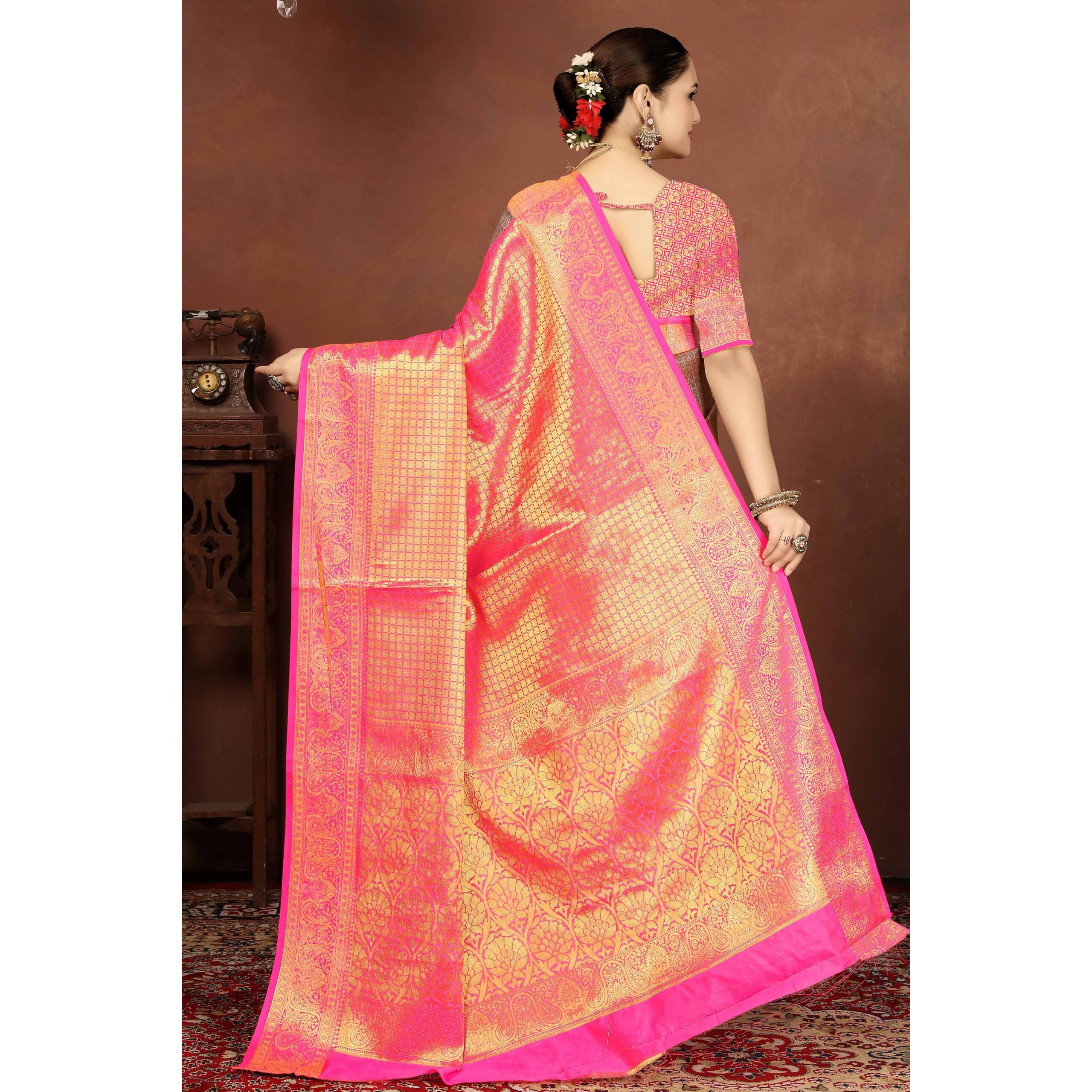 Sugathari Women's Gold And Pink Kanjivaram Banarasi Silk Saree For Patola Festival Wedding Silk With Rich Pallu Design Sarees For Women With Blouse Piece (Gold Star 6)