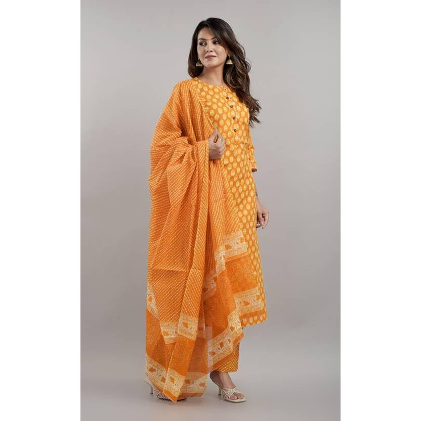 Tadkee Women's Cotton Blend Kurta Set (Fn-Kurta-Set-Dupatta-140-Orange-L_Orange