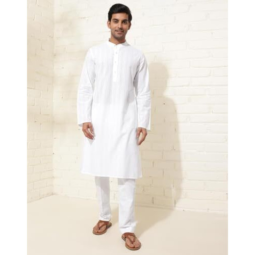 Fabindia Men's Cotton Striped Slim Kurta (1037203White_White
