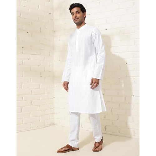 Fabindia Men's Cotton Striped Slim Kurta (1037203White_White