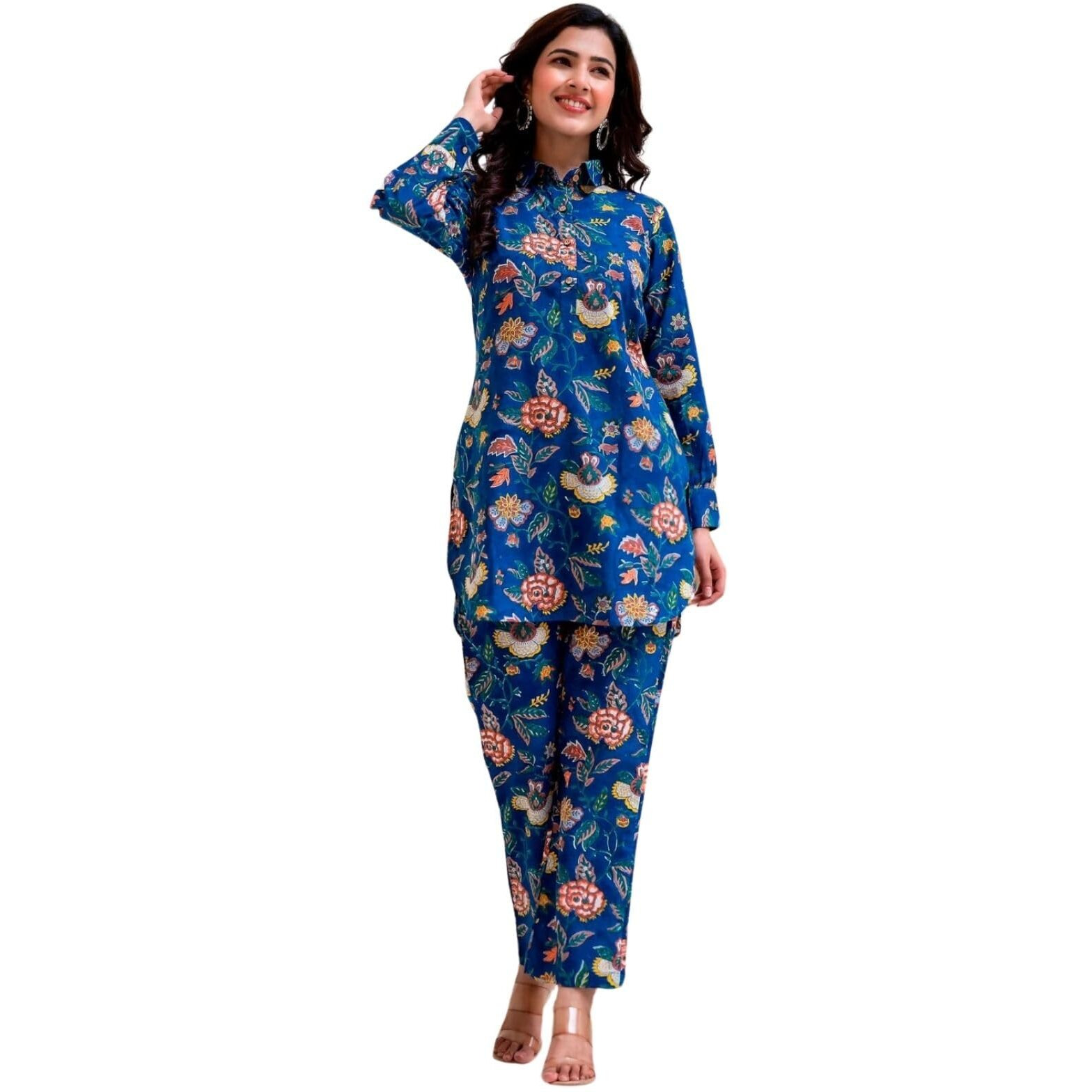 Greciilooks Women Rayon Blend Floral Ethnic Wear Kurta Co-Ord Set (Gl-W1730&Tr821-Xl Blue)