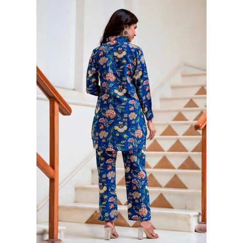 Greciilooks Women Rayon Blend Floral Ethnic Wear Kurta Co-Ord Set (Gl-W1730&Tr821-Xl Blue)