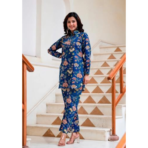 Greciilooks Women Rayon Blend Floral Ethnic Wear Kurta Co-Ord Set (Gl-W1730&Tr821-Xl Blue)