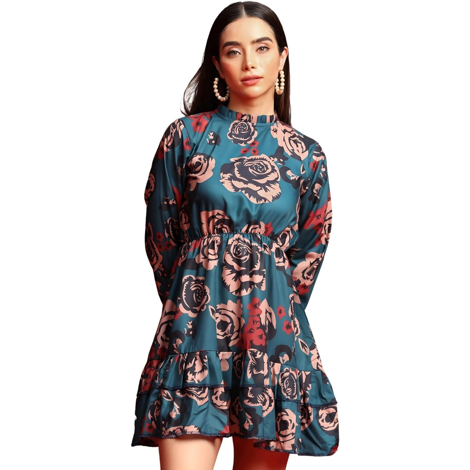 Greciilooks Western Dress For Women - Printed A-Line Midi Western Dress & V Neck Puff Sleeve Dress For Girls Suitable For Function, Outdoor, Birthday, Event, Office(Pack Of 1) (Small, Blue)