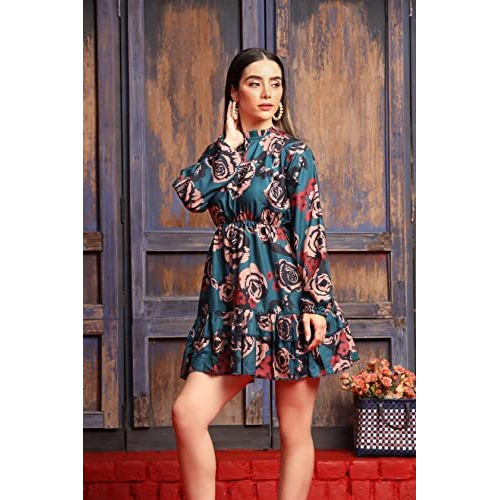 Greciilooks Western Dress For Women - Printed A-Line Midi Western Dress & V Neck Puff Sleeve Dress For Girls Suitable For Function, Outdoor, Birthday, Event, Office(Pack Of 1) (Small, Blue)