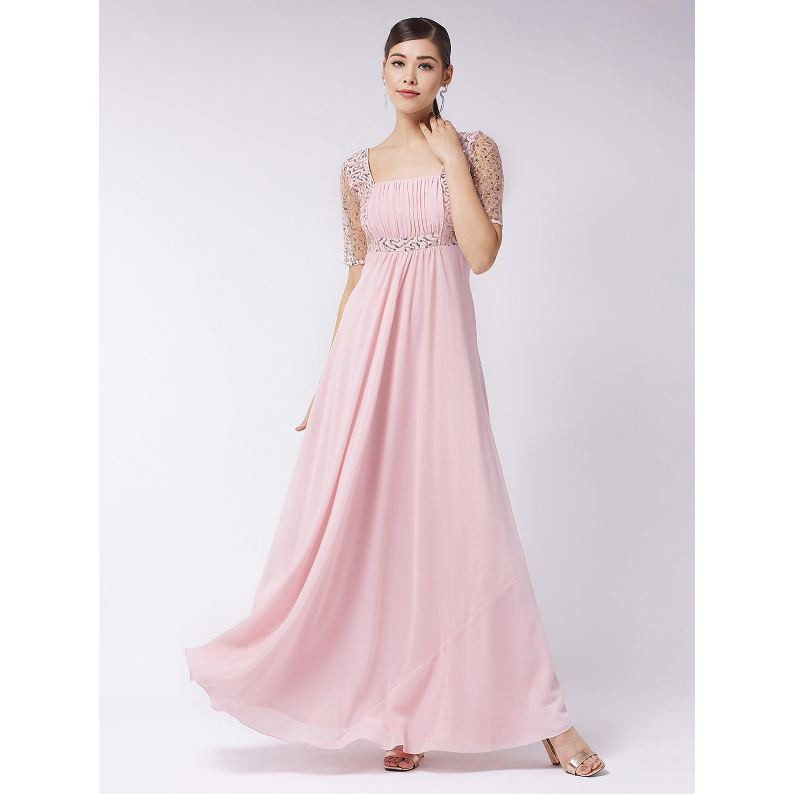 Miss Chase Women's Dusty Pink Square Neck Half Sleeve Solid Embellished Maxi Dress (Mcaw21D06-41-122-02, Dusty Pink, Xs)