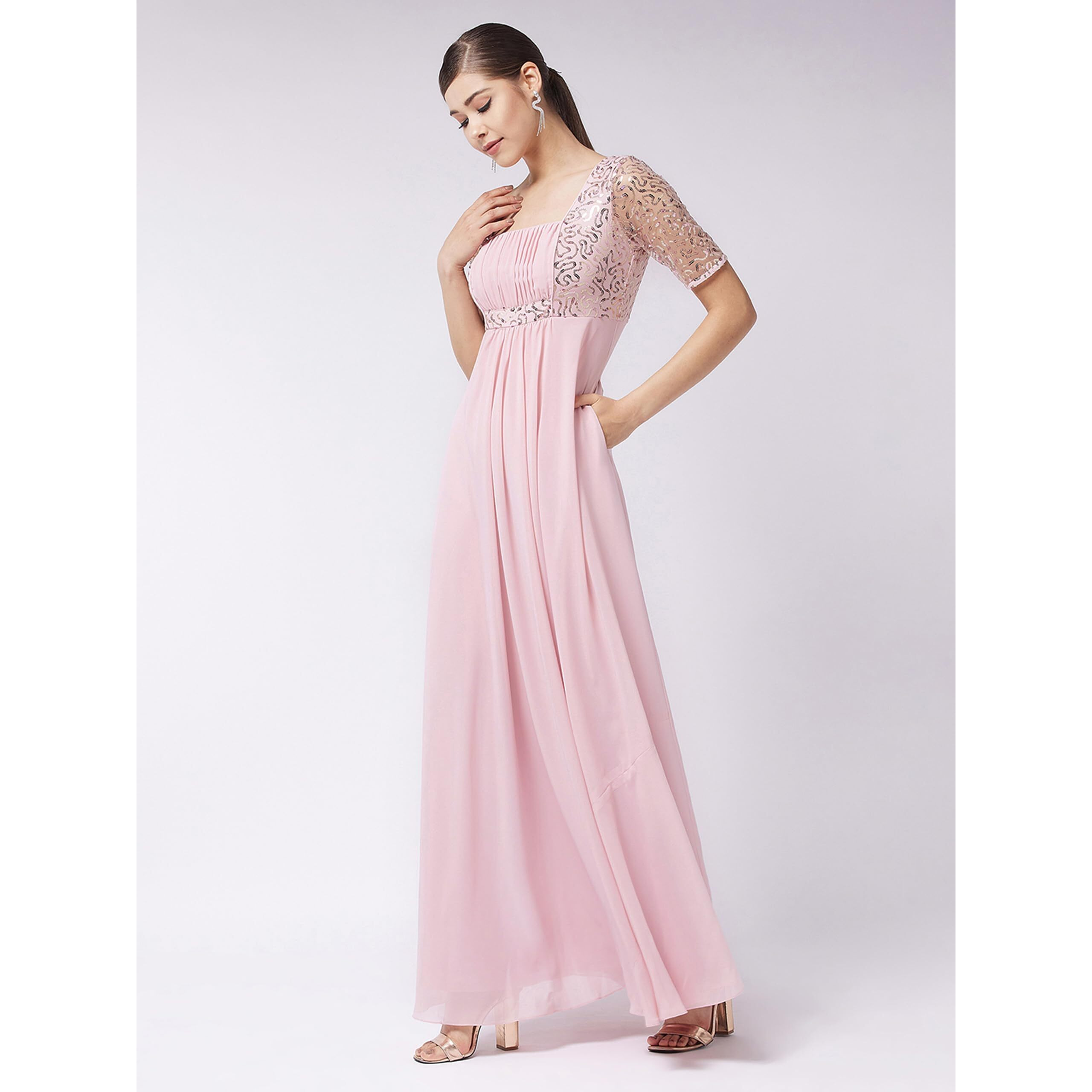 Miss Chase Women's Dusty Pink Square Neck Half Sleeve Solid Embellished Maxi Dress (Mcaw21D06-41-122-02, Dusty Pink, Xs)
