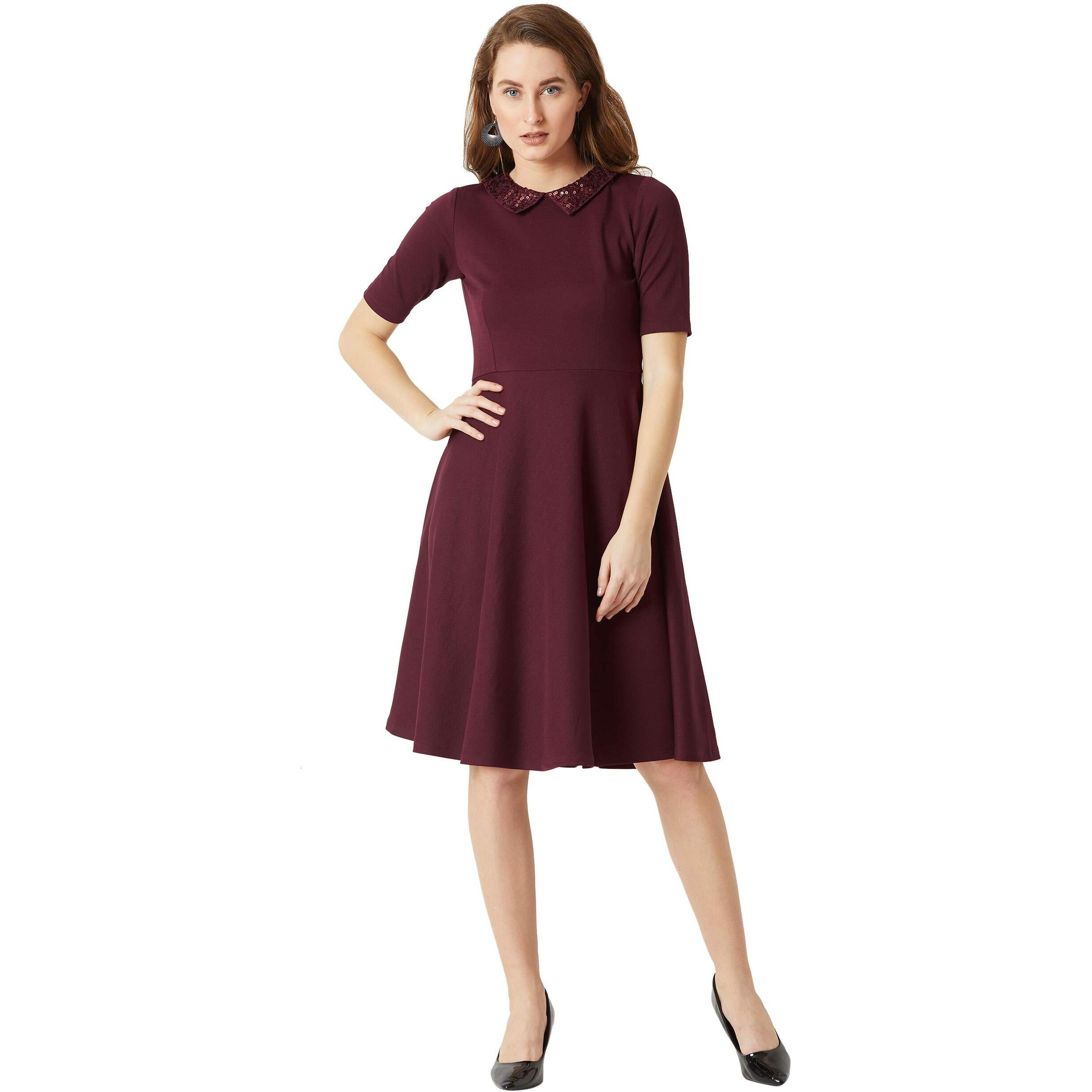 Miss Chase Women's Wine Red Collared Round Neck Half Sleeve Solid Knee-Long Skater Dress (Mcaw18D13-05-184_Wine Red_S)