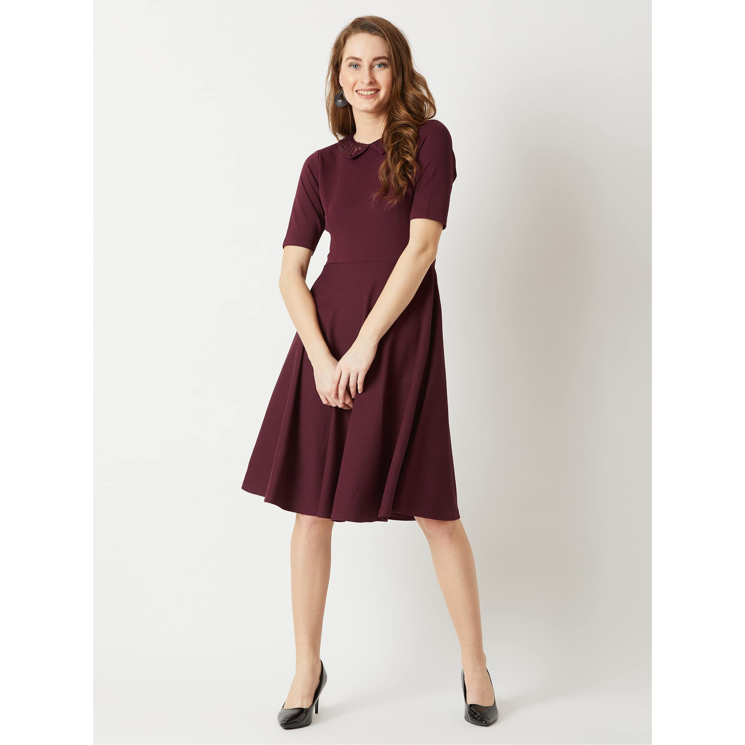 Miss Chase Women's Wine Red Collared Round Neck Half Sleeve Solid Knee-Long Skater Dress (Mcaw18D13-05-184_Wine Red_S)