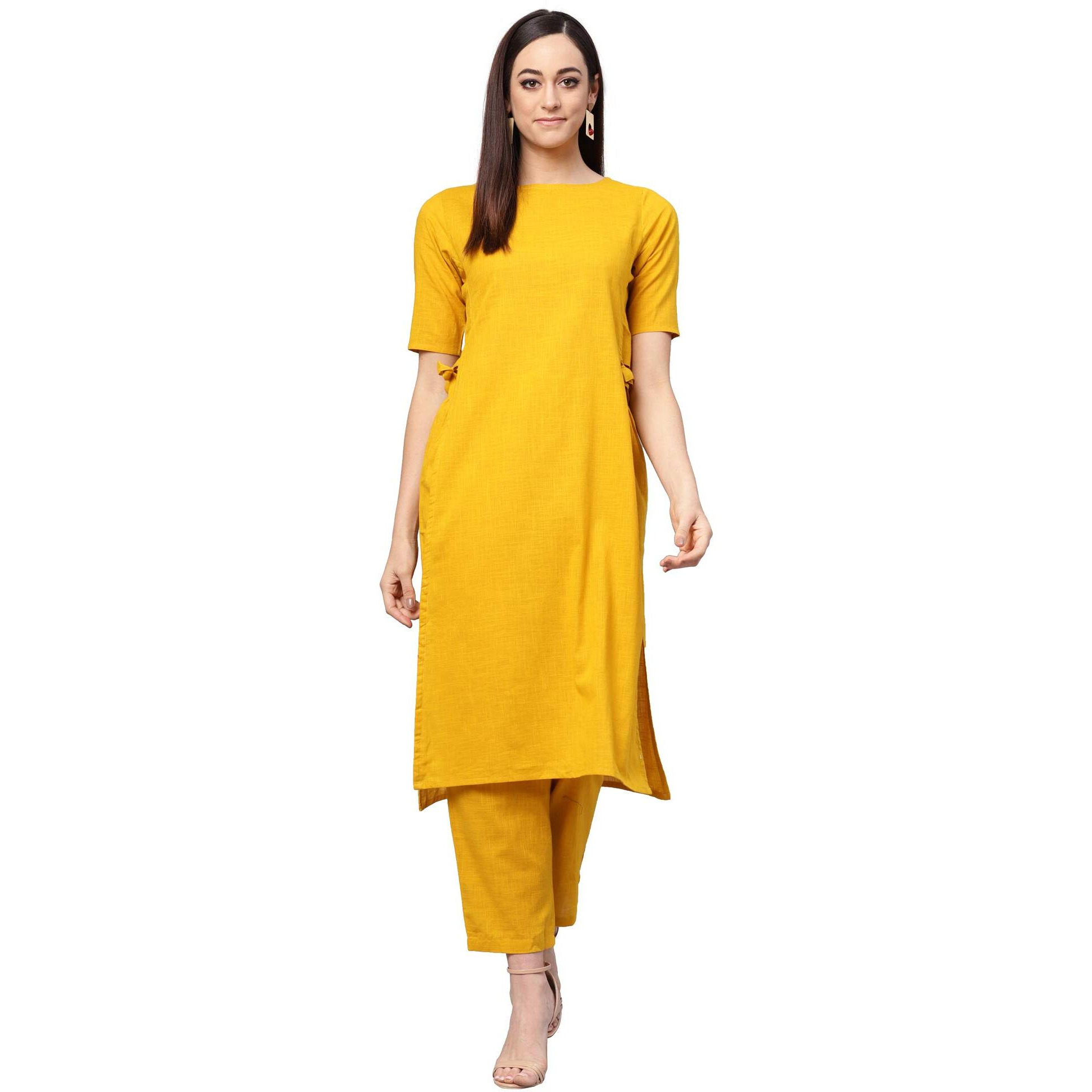 Idalia Mustard Straight Cotton Solid Kurta Set For Women Stylish Boat Neck Design Kurta Set With Pant