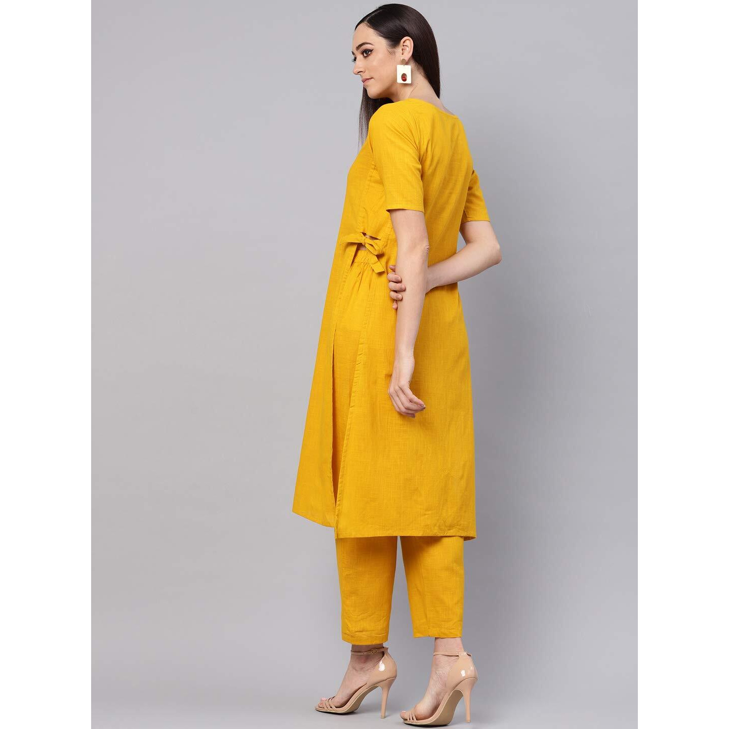 Idalia Mustard Straight Cotton Solid Kurta Set For Women Stylish Boat Neck Design Kurta Set With Pant