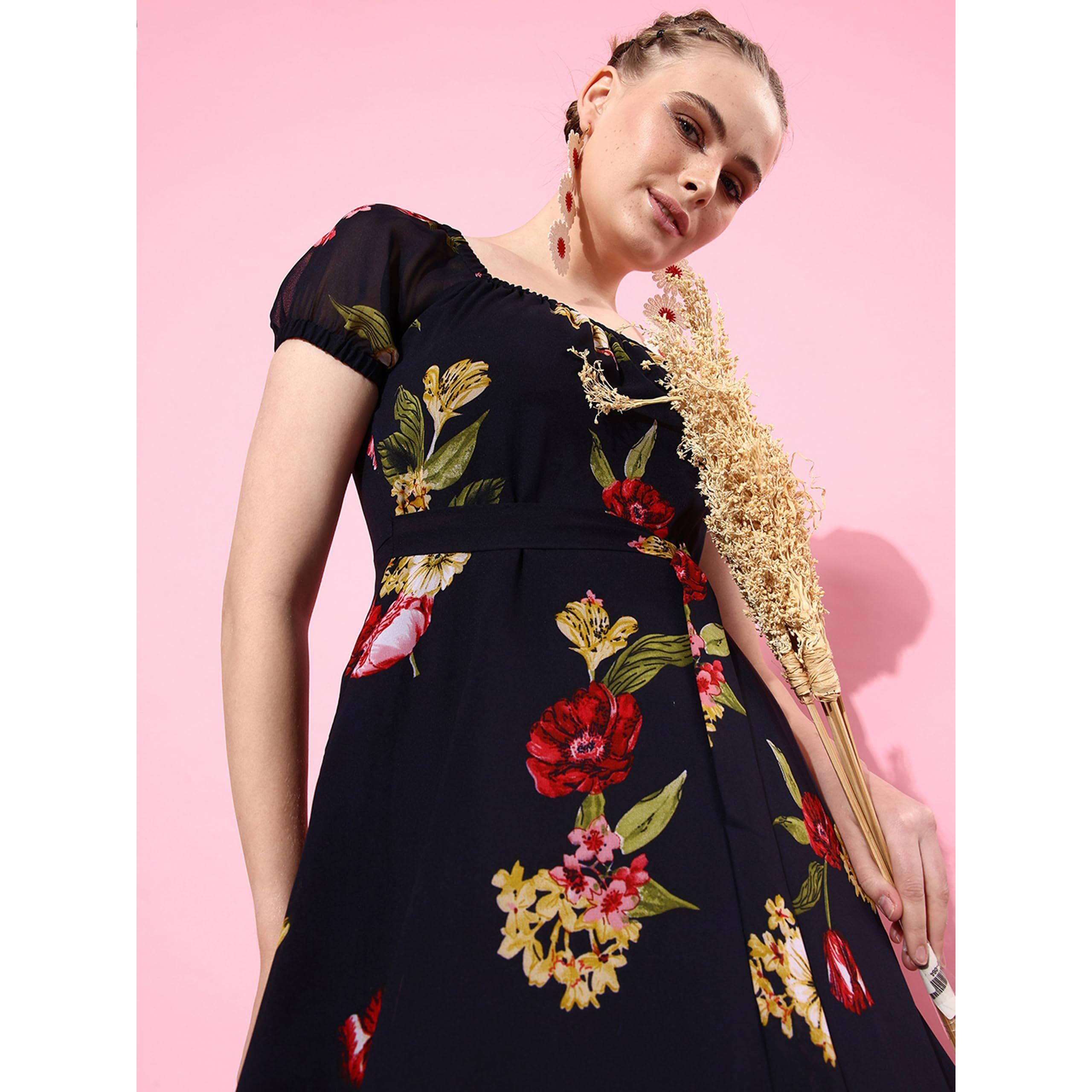 Miss Chase Women's Square Neck Short Puff Sleeve Floral Fit & Flare Georgette Midi Dress With Pockets (Mcaw22D98-04-178-03, Multicolored-Base-Navy Blue, S)