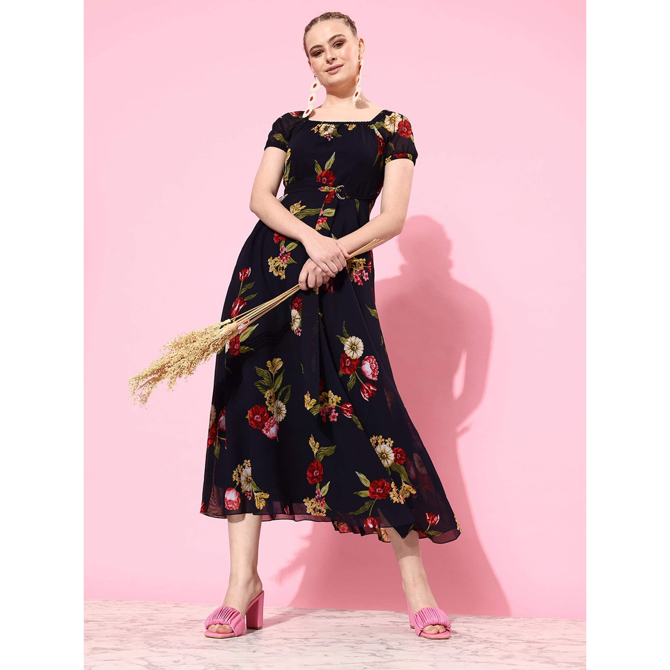 Miss Chase Women's Square Neck Short Puff Sleeve Floral Fit & Flare Georgette Midi Dress With Pockets (Mcaw22D98-04-178-03, Multicolored-Base-Navy Blue, S)