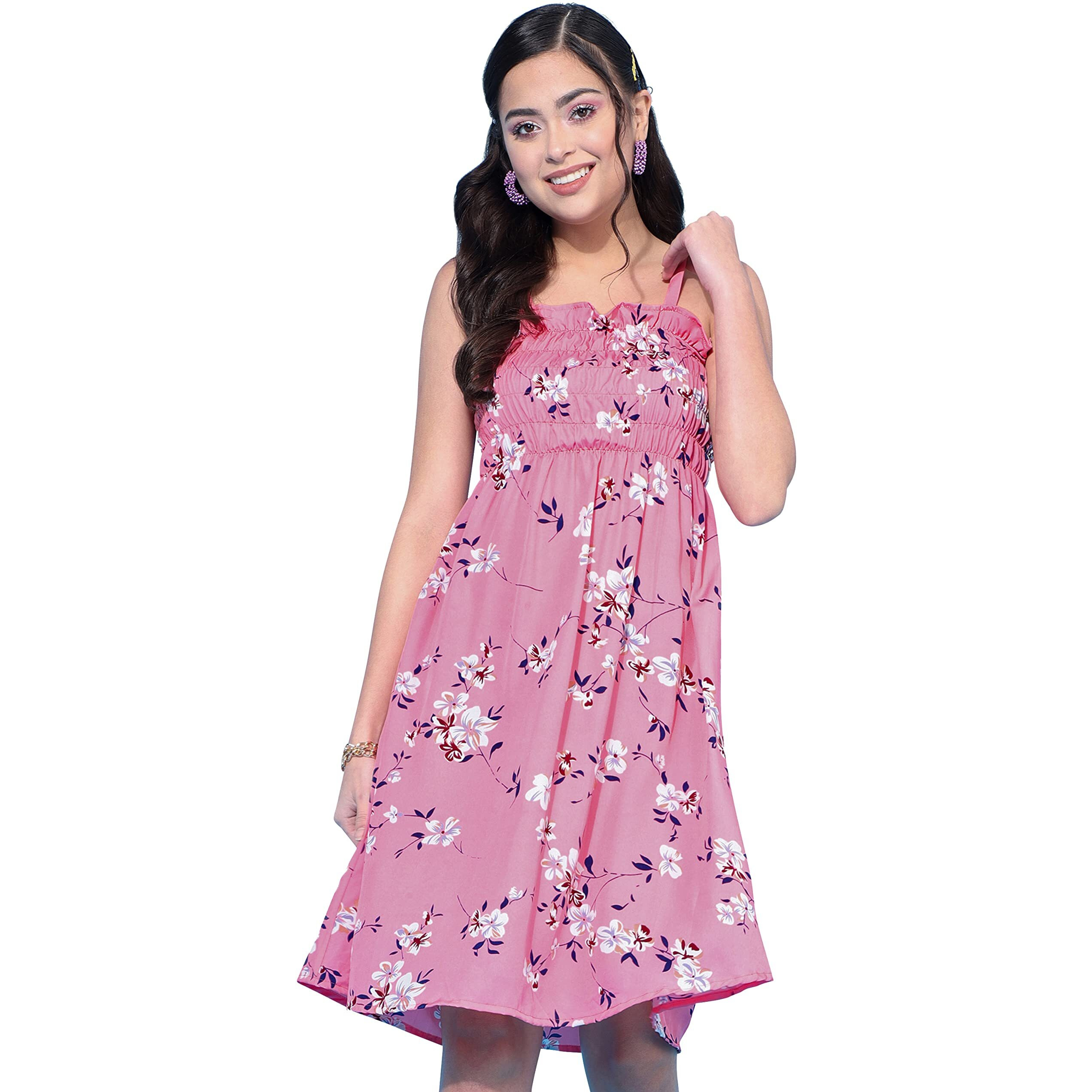 Oomph Women's Western & Fusion Wear Knee Length A-Line Pink Dress In Crepe Fabric With Shoulder Straps And No Sleeves - Md642L