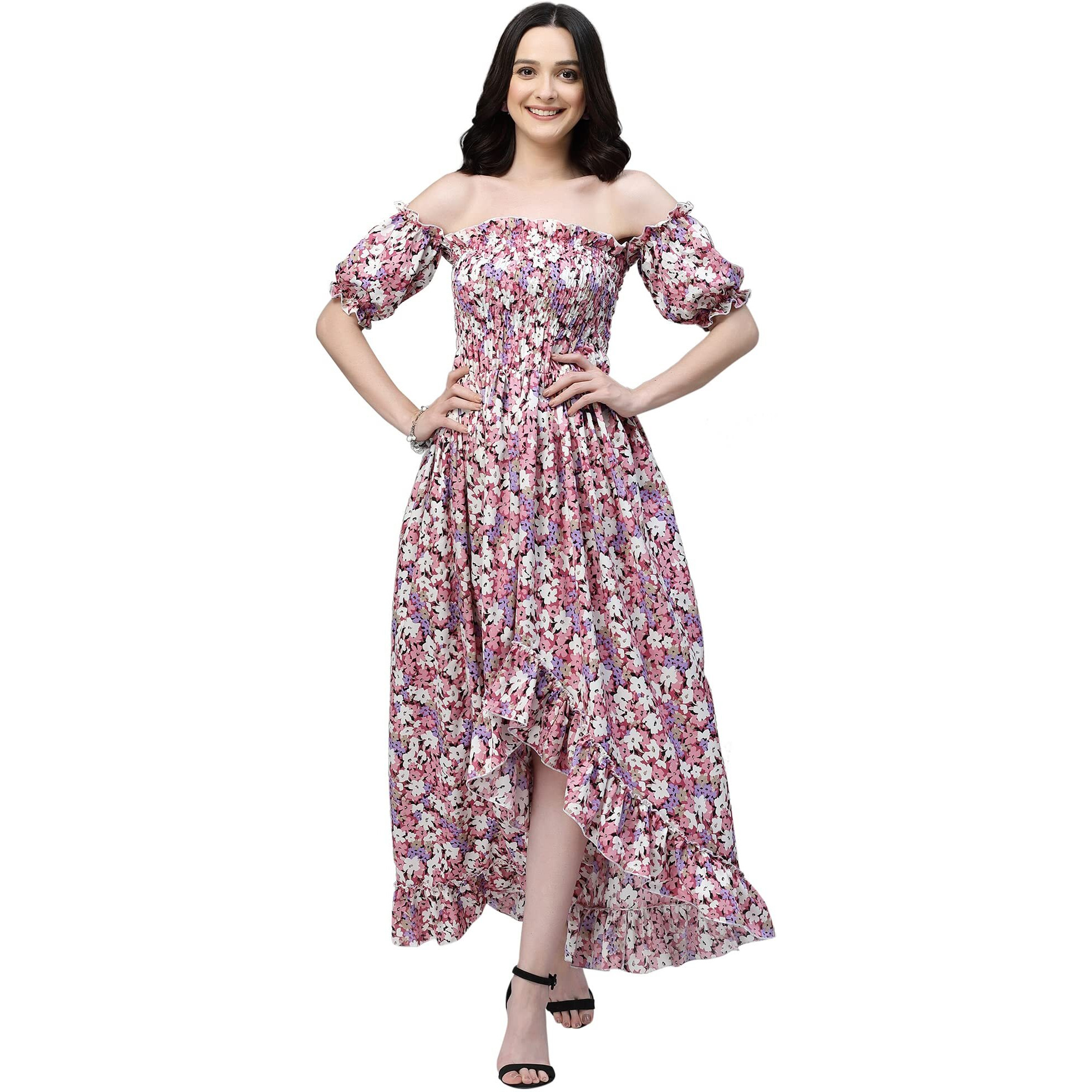 Oomph Flared Dress For Women Stylish | Long One Piece For Women | Off Shoulder Puff Sleeve Long Dress | Floral Print Maxi One Piece | Western & Fusion Wear Bohemian Style