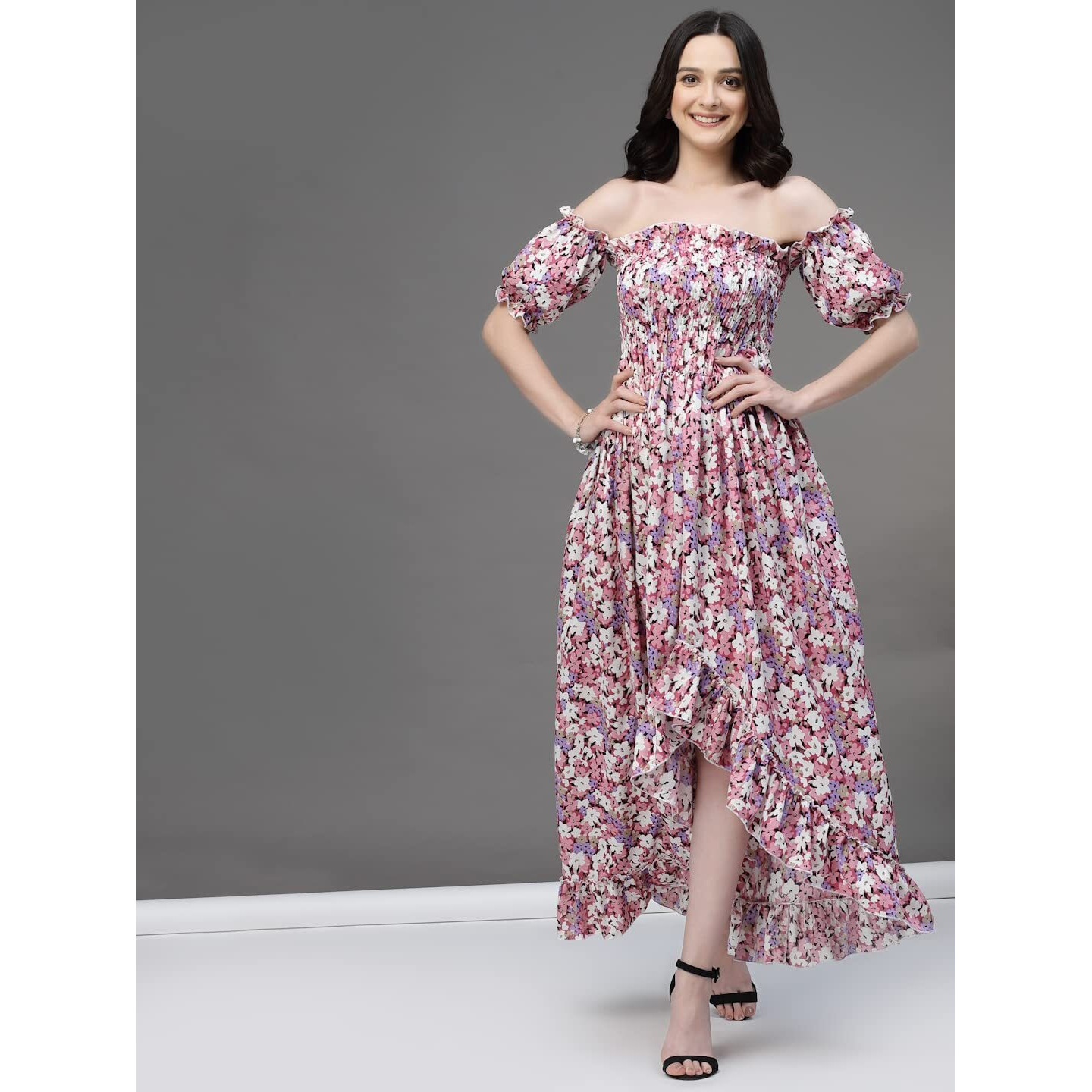 Oomph Flared Dress For Women Stylish | Long One Piece For Women | Off Shoulder Puff Sleeve Long Dress | Floral Print Maxi One Piece | Western & Fusion Wear Bohemian Style