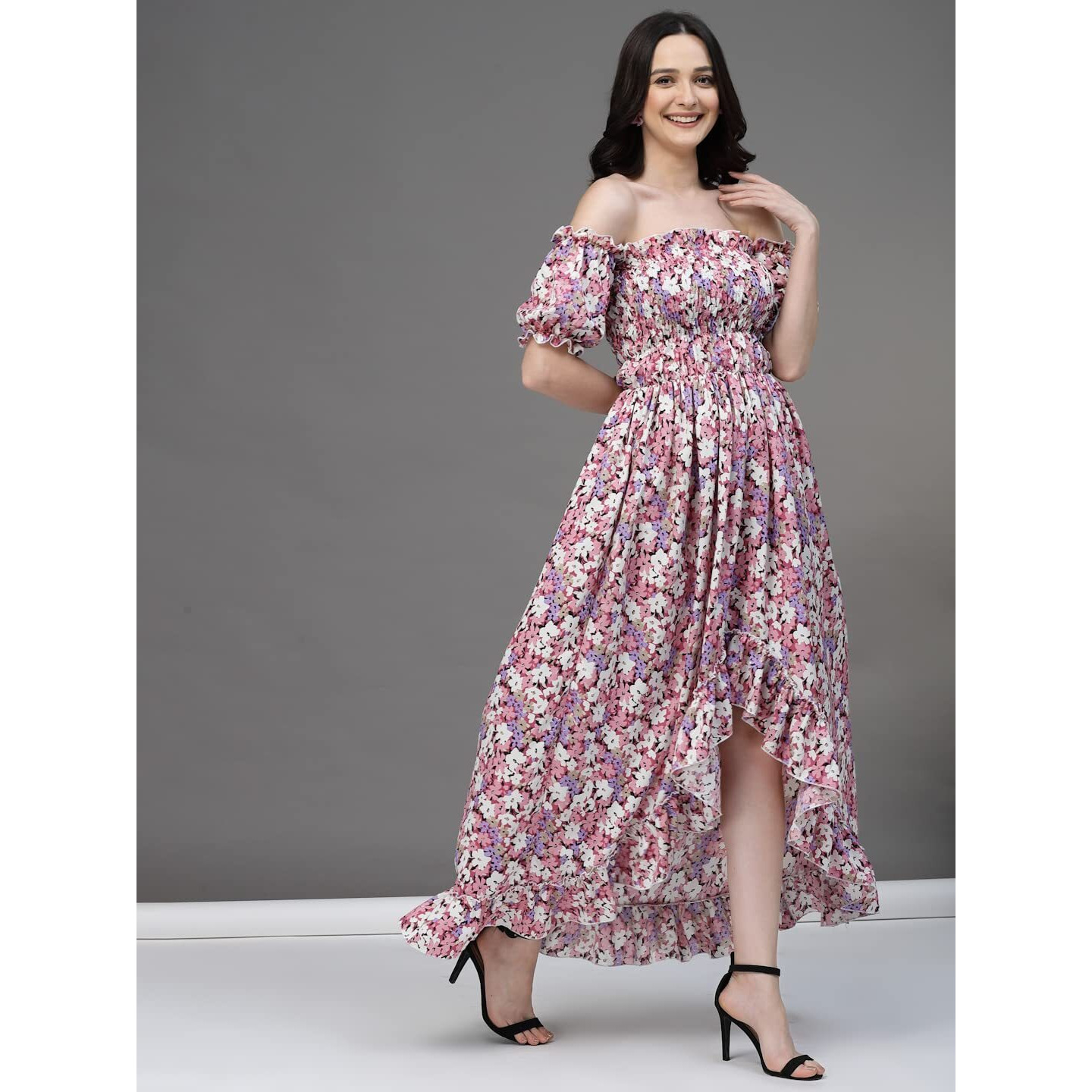 Oomph Flared Dress For Women Stylish | Long One Piece For Women | Off Shoulder Puff Sleeve Long Dress | Floral Print Maxi One Piece | Western & Fusion Wear Bohemian Style