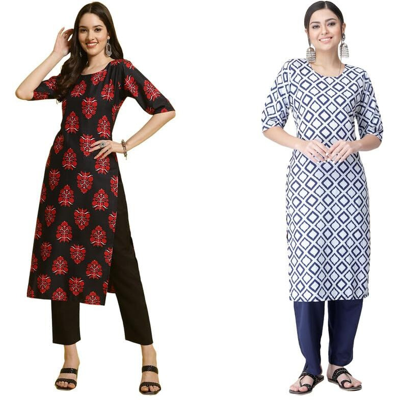 Pinkmint Straight Printed Kurti Party Wera Kurti Kurta Pant Set (Pack Of 2) Green-Blue